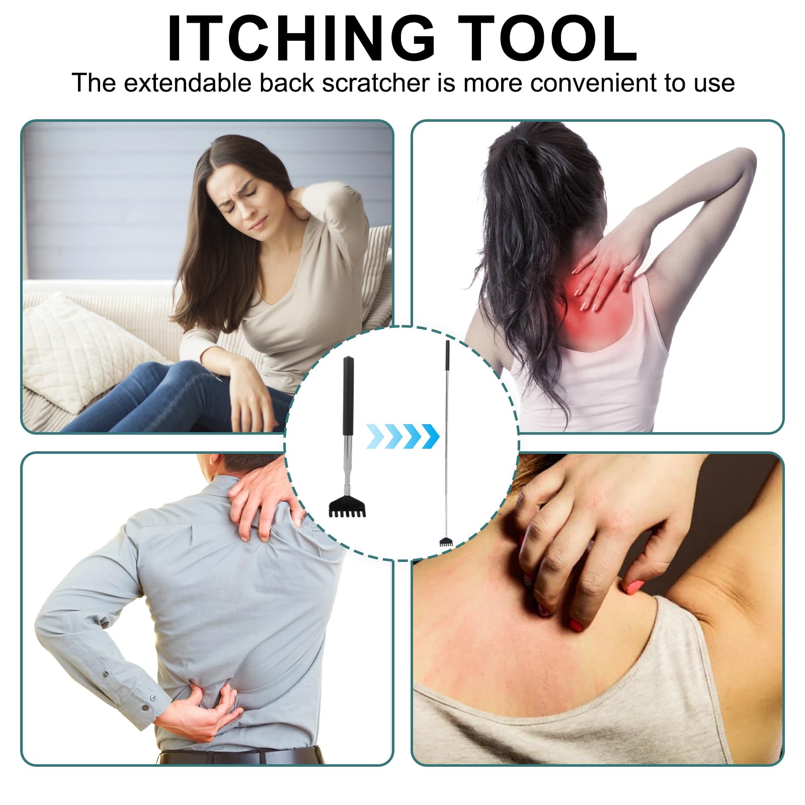 Verbesserte Kopfmassage und Rückenkratzer mit 20 flexiblen Krallen, ausziehbarem Teleskopstab, langlebigem Metallrückenkratzer, ideal für Kopf- und Rückenentspannung - umfasst drei Fingermassagegeräte
