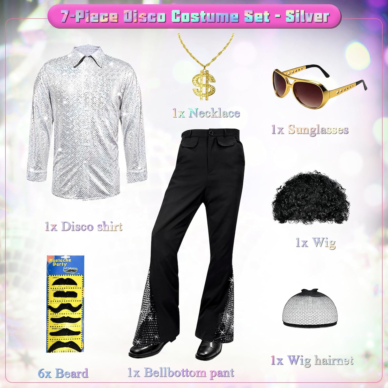 6 Pcs 70s Disco Outfit Costume for Men Dance Bell Bottom Pants Retro Shirts Moustache Sunglasses Wigs Necklace