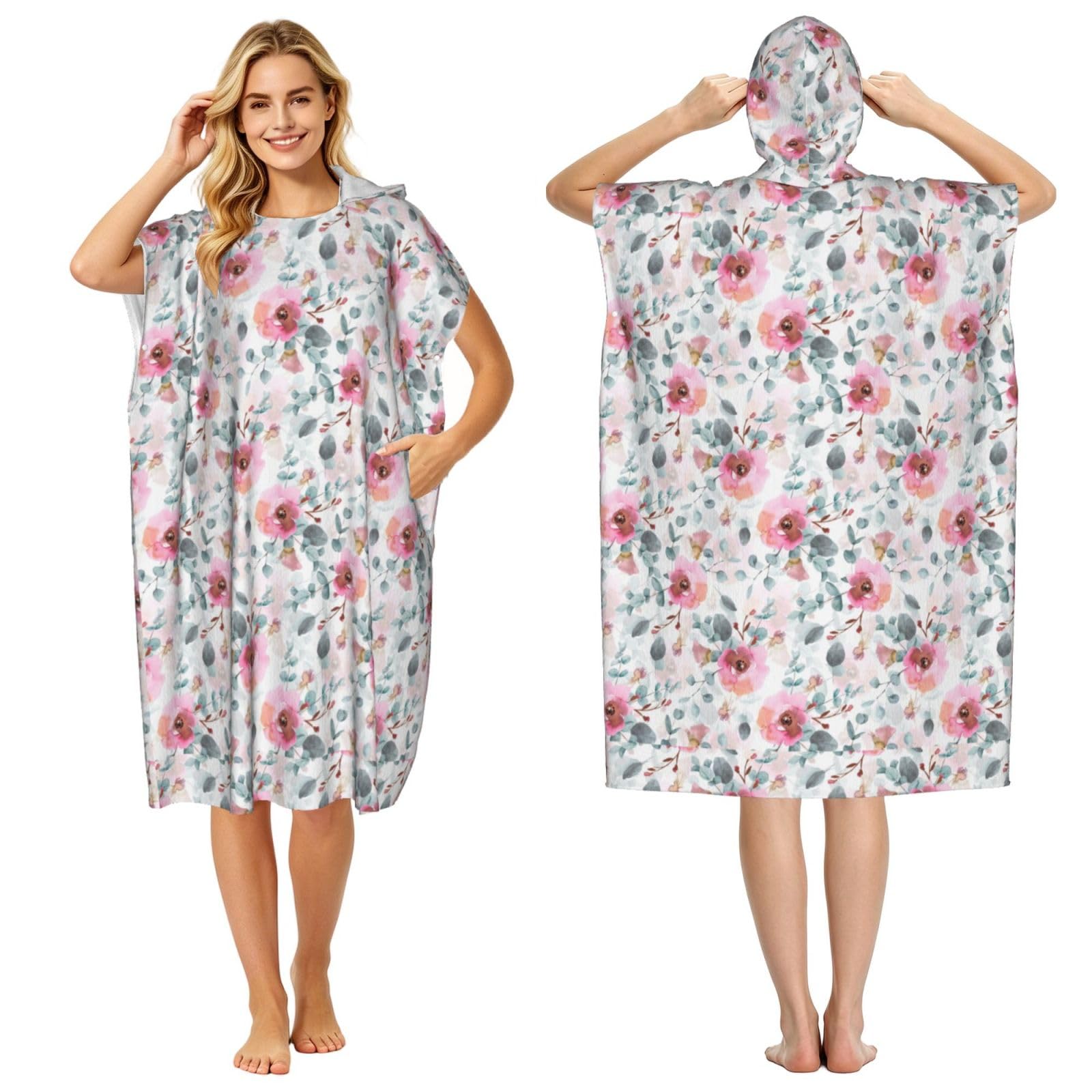 Poadnly Australian Flora Watercolor Eucalyptus And Blush Flowers, Adult Hooded Beach Towel 90 x 110 cm,Changing Bath Robe, Surf Poncho Towel For Women Men