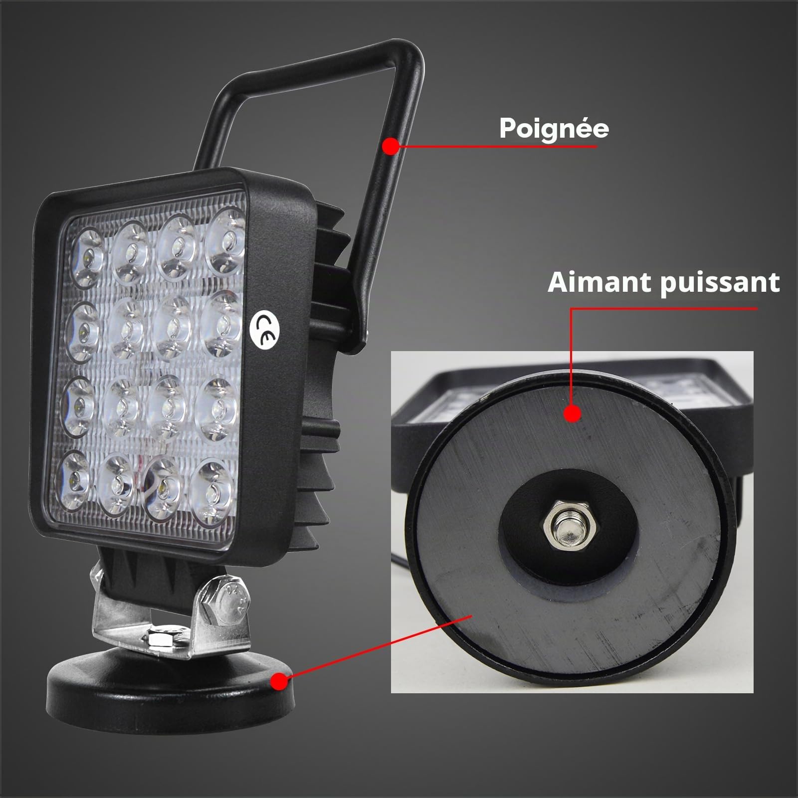 AUXTINGS 10.5 cm 48W Portable LED lumière de travail Offroad Spot Light interrupteur allume-cigare support de base magnétique pour voiture SUV remorque tracteur camion ingénierie maintenance camping