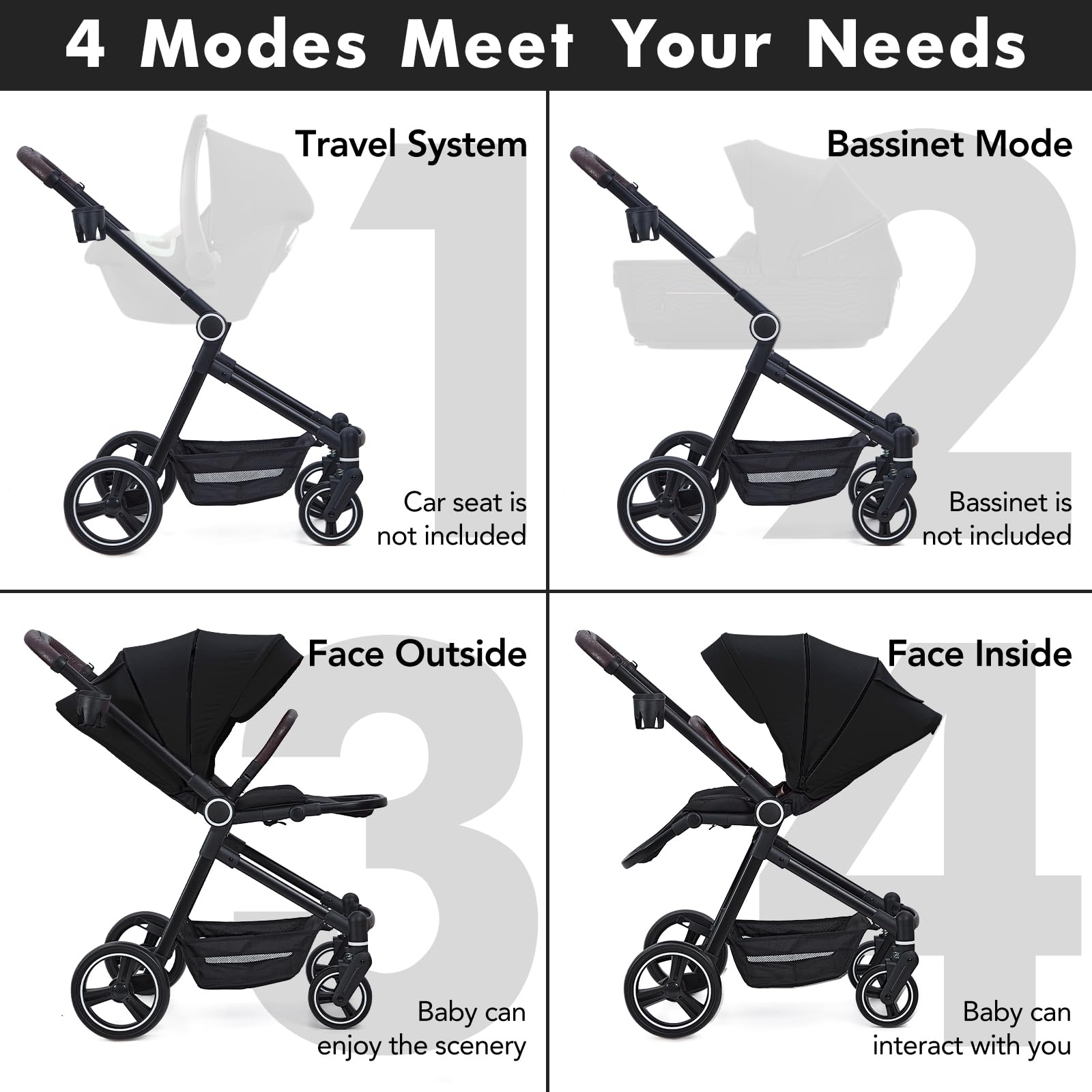 Garvee Poussette 2 en 1 Réversible pour Nouveau-Né à 36 Mois (22Kg) - Pliable Compacte, Siège Sécurité 5 Points, Grande Capote Anti-UV, Noir