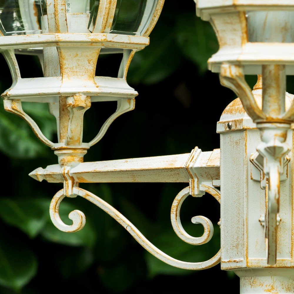 Lampada da esterno Lentua, candelabro in stile antico, metallo in bianco/oro con vetri, lampada da sentiero a 3 bracci 215 cm, lampada da giardino retrò/vintage, attacco E27, IP44, senza lampadina/e