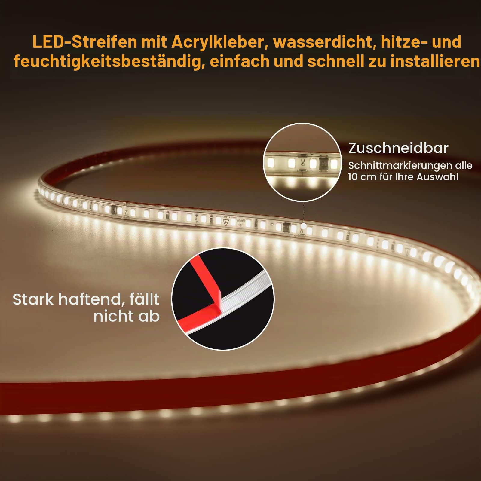 pcning LED Streifen 230V Direktanschluss 10M Warmweiss, Sehr Hell LED Strip Selbstklebend mit Schalter 10 Meter IP67 Wasserdicht Lichtstrip (Warmweiß, 10M)