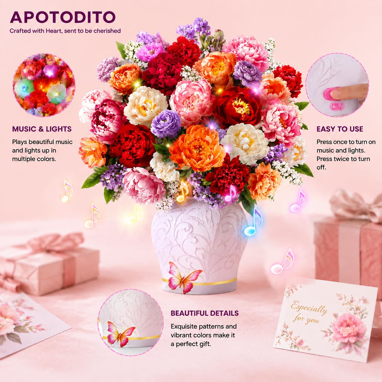 APOTODITO Tarjetas de cumpleaños para mujer, tarjeta de flores con música y luz, tarjeta 3D de ramo de flores, tarjetas de regalo para mamá, mujer, esposa, hija, novia
