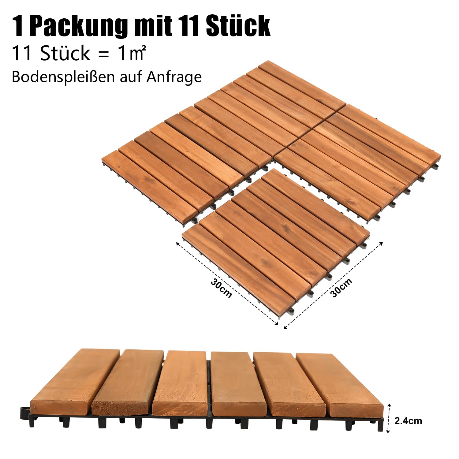 Piastrelle in legno di acacia, 30 x 30 cm, 55 pezzi, 5 ㎡, per balcone, piastrelle a clic, mosaico per giardino, patio, resistente alle intemperie (6 listelli)