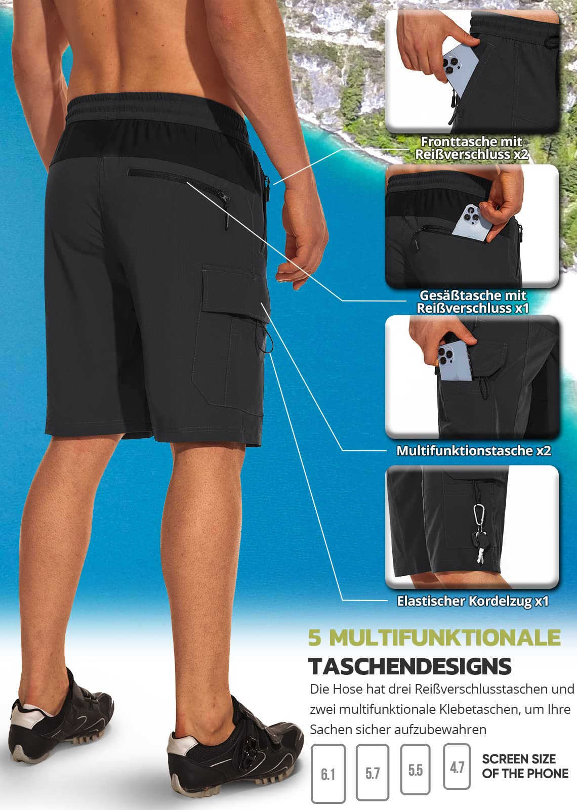 Hiauspor Pantalon de randonnée pour homme - Short de VTT - Léger - Séchage rapide - Avec 5 poches - Pour homme - Pour la randonnée, le plein air, le trekking, l'été, le travail et le sport, Noir , L
