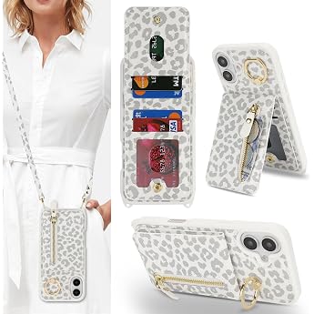 CAVOR Mobile Phone Chain Mobile Phone Case Compatible with iPhone 16 Case with Strap Flip Leather Wallet Mobile Phone Case 4 Card Slots Ring Stand Buckle Mobile Phone Case for Neck Strap - White Leopard