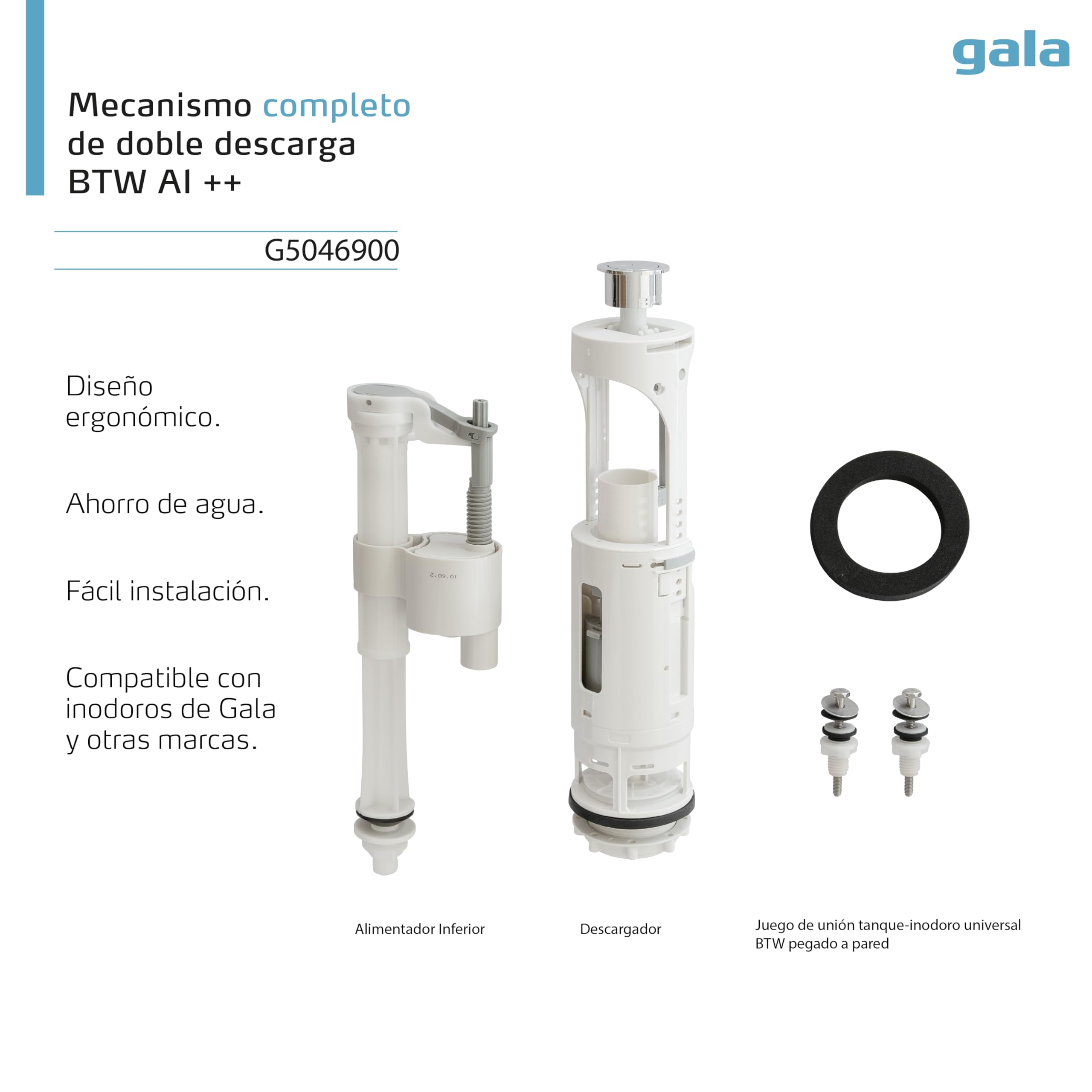 Gala Mecanismo G5046900– Mecanismo completo de doble descarga Alimentación inferior++ BTW. Compatible con inodoros Gala BTW y de otras marcas. Fácil instalación