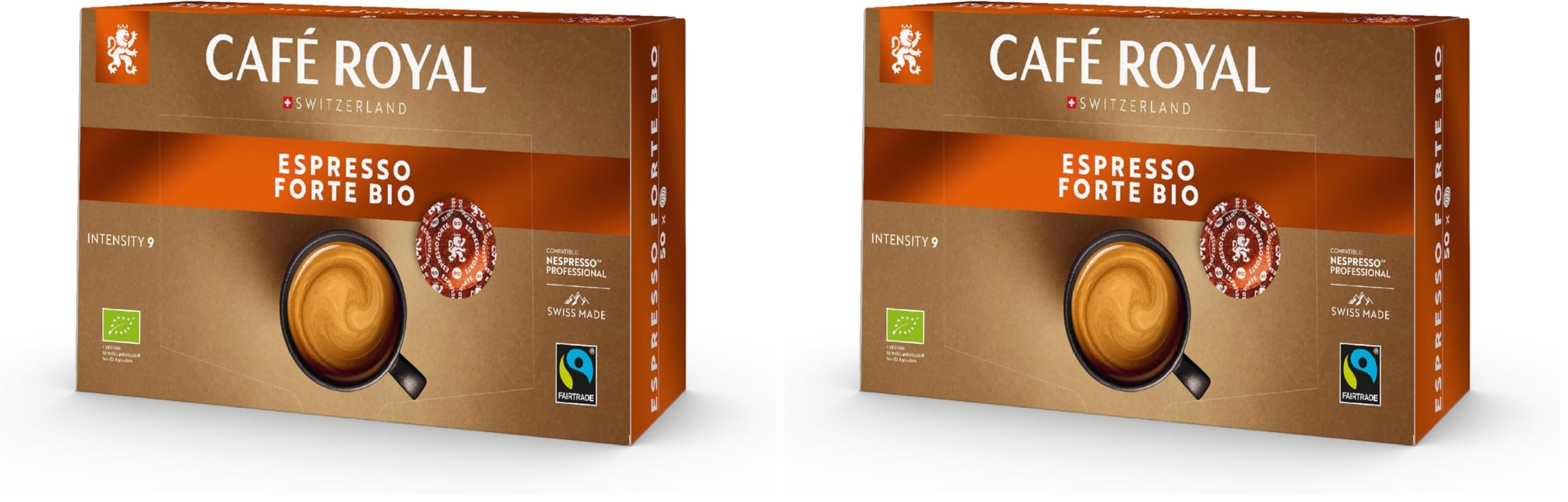 Café Royal Professional Pads, Bio Espresso Forte, 50 Nespresso (R) Professional kompatible Pads für Office und Gastronomie, Bio und Fairtrade zertifiziert, Intensität 9 (Packung mit 2)