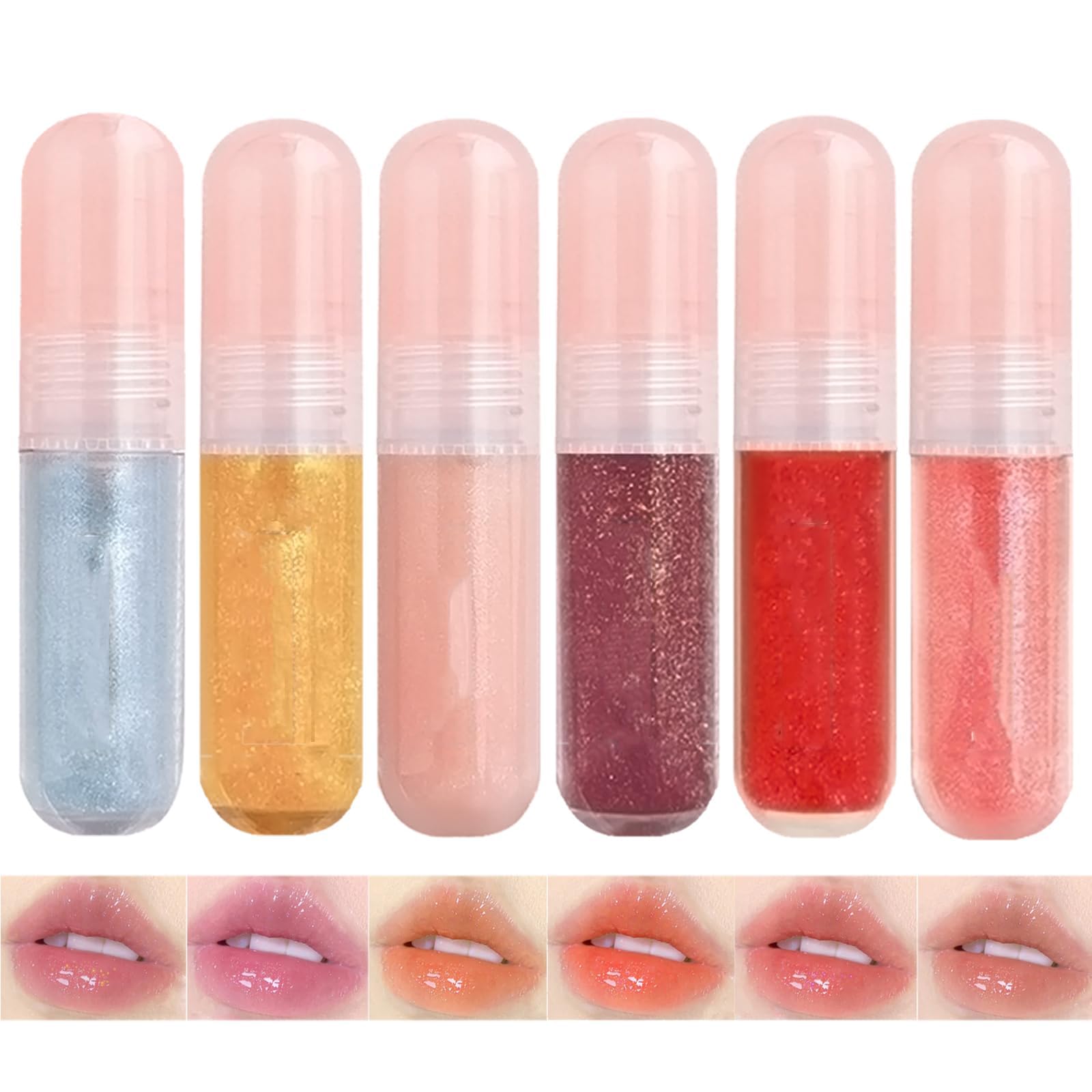 6 Colors Hydrating Glitter Lip Gloss Set, Shimmer Tinted Oil, Clear Glossy, Cute Moisturizing Glow Oil, Long Lasting Liquid Lipstick, Crystal Jelly Watery Glaze for Girls