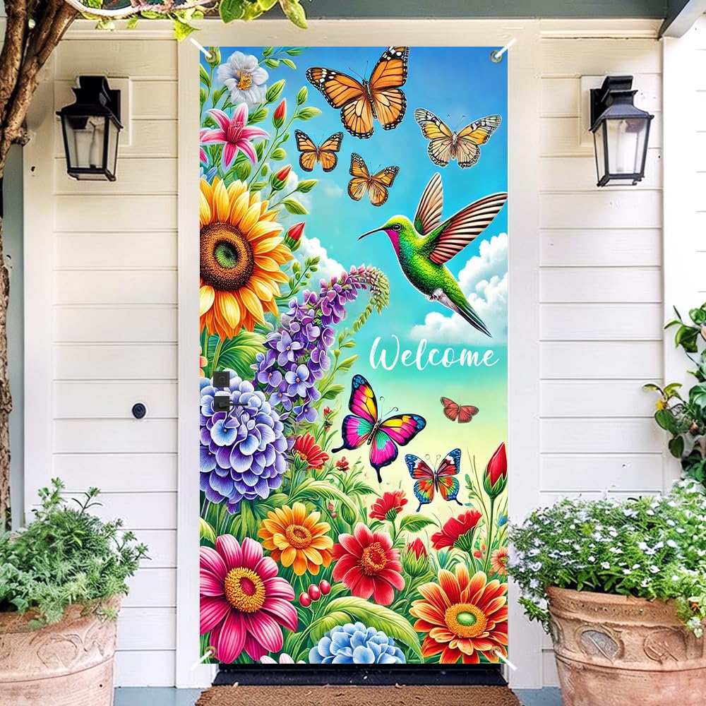 Hummingbird Sunflower Welcome Door Cover 35x70in Floral Banner