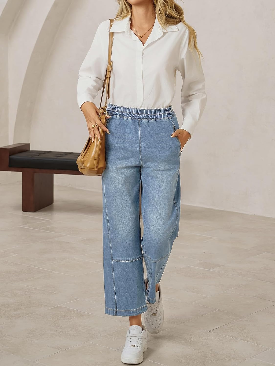 Cicy Bell Womens Baggy Cropped Jeans Elastic High Waisted Wide Leg Trendy Stretchy Seam Barrel Capri Denim Pants - Image 6