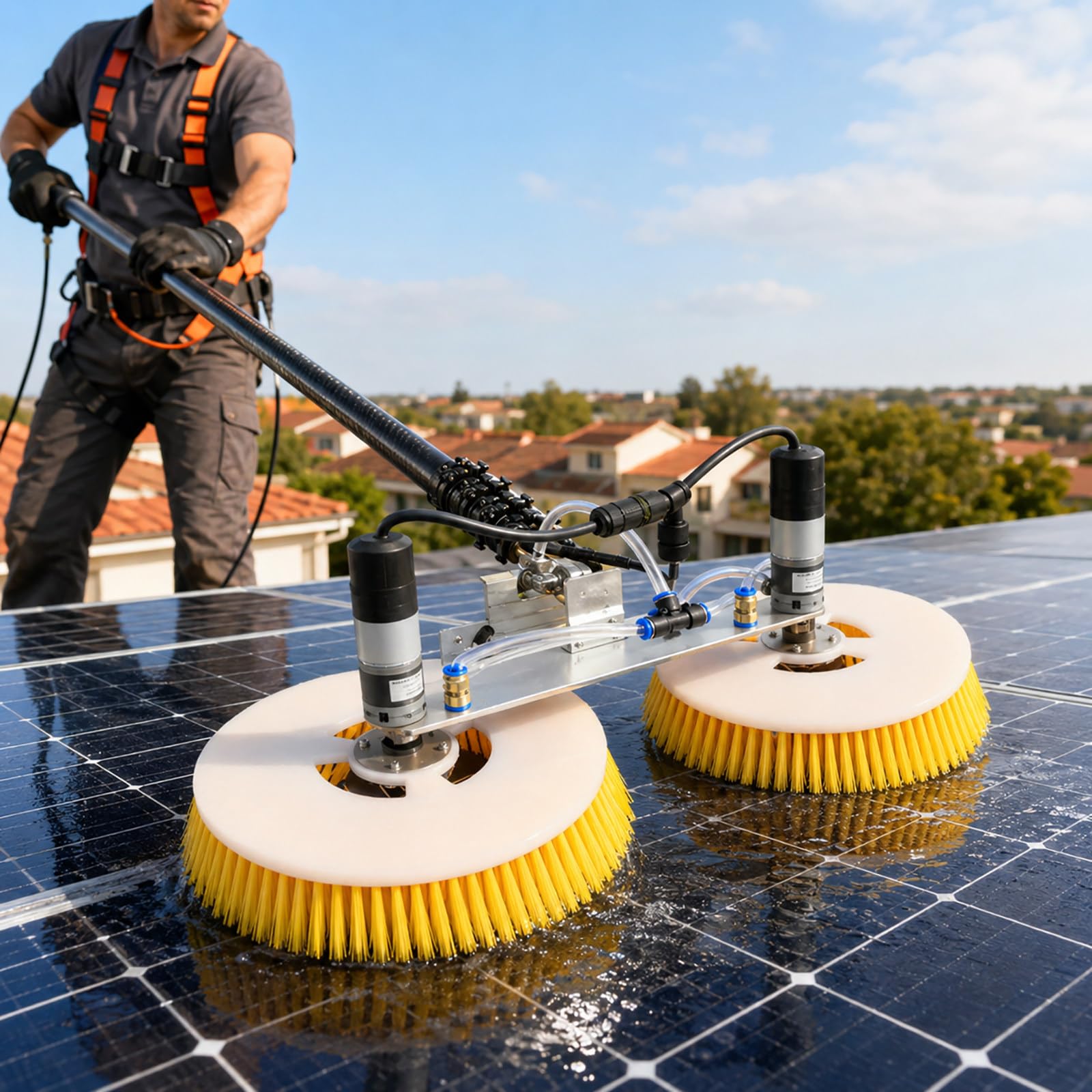 Limpiador Paneles Solares Eléctrico de Doble Cabezal – Cepillo Rotativo de Nylon 70 cm con Pértiga de Carbono 6m(19.7ft)