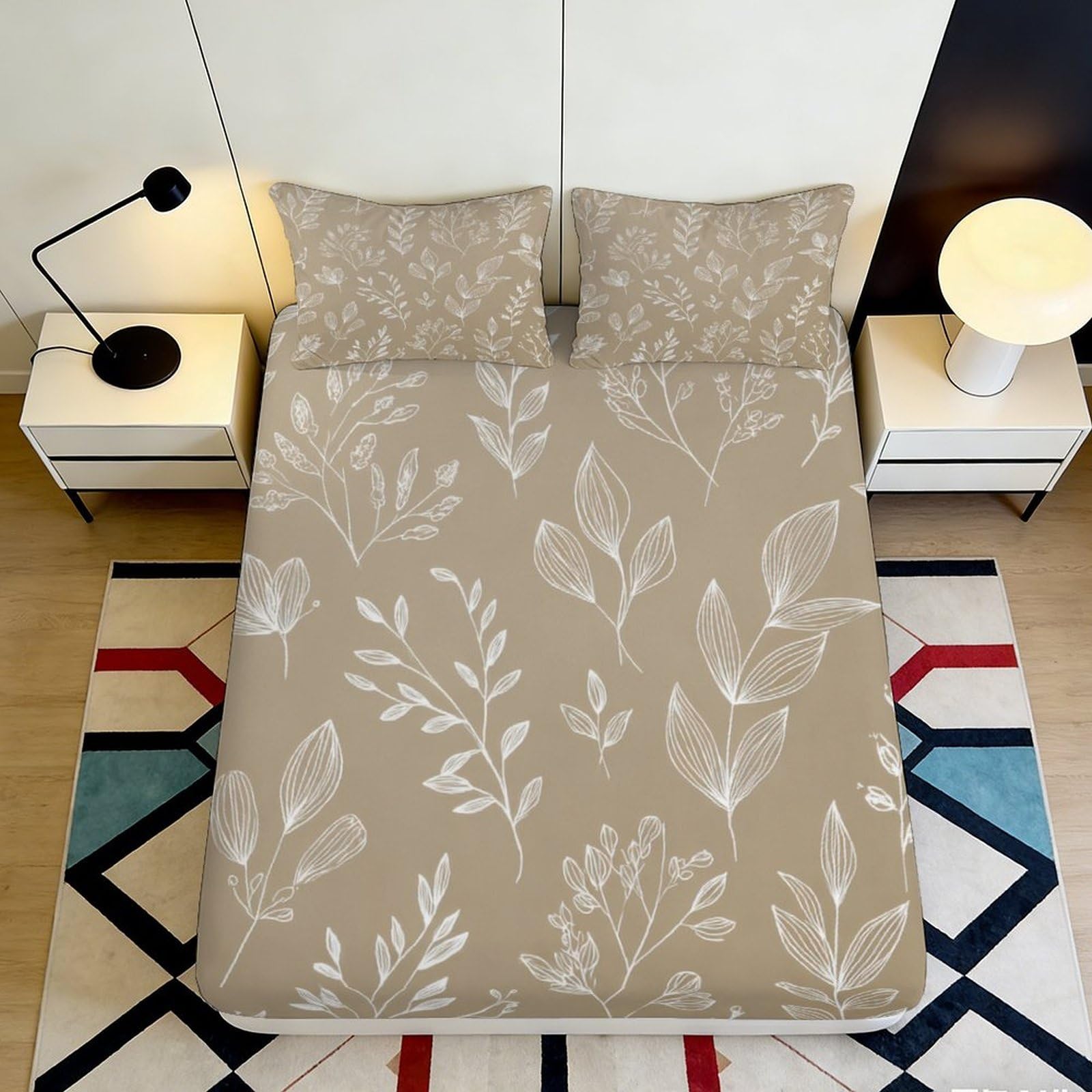 Pnayamiorkfel Style-7 3D Printed Beige Botanical Fitted Sheet Microfiber Soft Leaf Pattern Mattress Cover For Bedroom Guest Room Decor 90X200x25cm