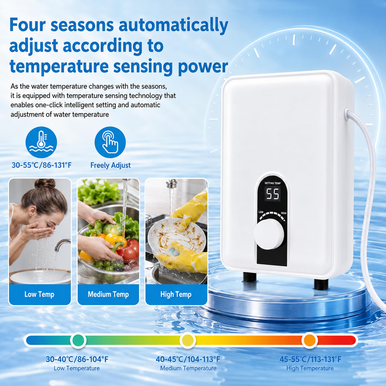 Scaldacqua istantaneo, 6000 W, mini scaldabagno elettrico con display LED, 230 V, per cucina e doccia, bagno, senza spina, resistente alla pressione, impermeabile IPX4, classe energetica A