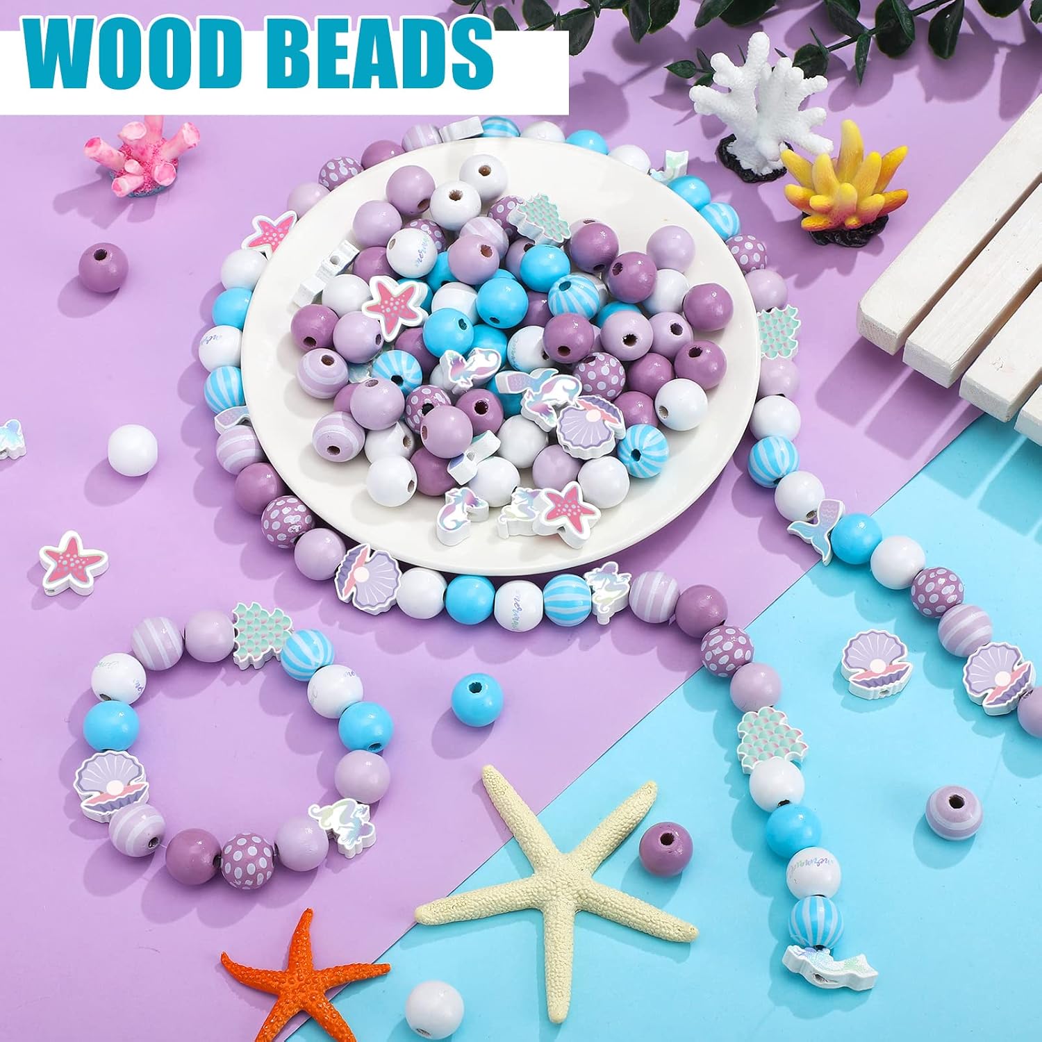 Buryeah 200 Pcs Mermaid Wooden Beads Ocean Mixed Purple and Pink Mermaid Tail Shaped Wood Beads for Summer Birthday Party DIY Crafts Garland Making - Image 3