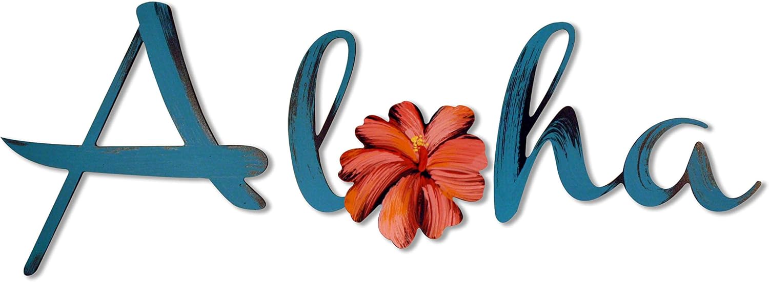 Letter2Word Wall Decor - Aloha with Flower Original Word Wall Art, Turquoise and Multi