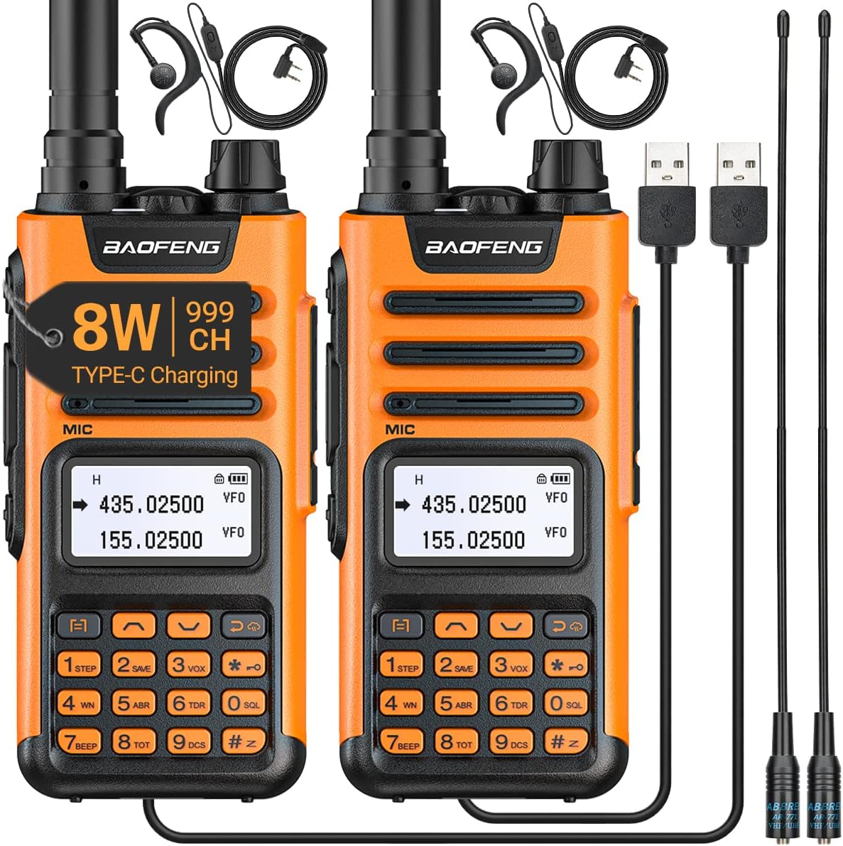 Baofeng Radio (Upgraded of UV-5R) TP-8Plus Ham Radio Handheld 8W High Power Dual Band Two Way Radios USB-C Charging Long Range Rechargeable Walkie Talkies AR-771 Antenna,2pack