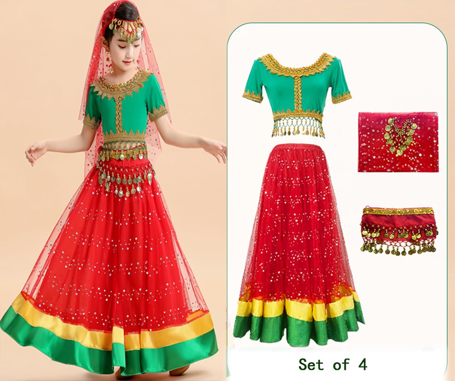 ORIDOOR Belly Dance Dress Girls Indian Bollywood Halloween Costume Chiffon Skirts Shiny Belly Dance Suits 4-Piece Outfit