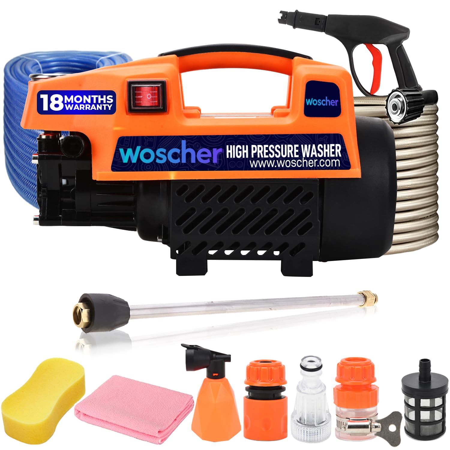 878 Waterpro Washer High Pressure Pump Machine,1800 Watts, 150 Bars, 8L/ Min Water Flow Rate,8 Metres Outlet Hose, Portable, for Car, Bike and Home Cleaning Purpose, Black & Orange