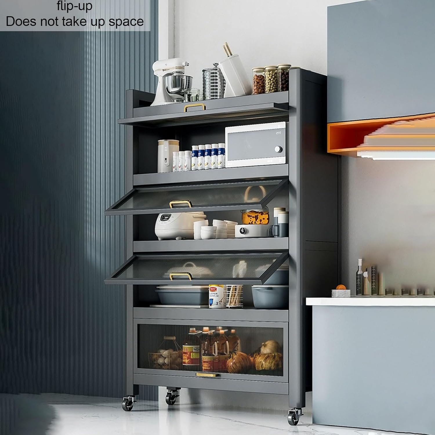 Microwave Stand Rack with Storage Cabinet, Kitchen Organizer Shelf with Casters, Bakers Rack with Flip Door, Ideal for Kitchen & Dining Room Space-Saving Solution