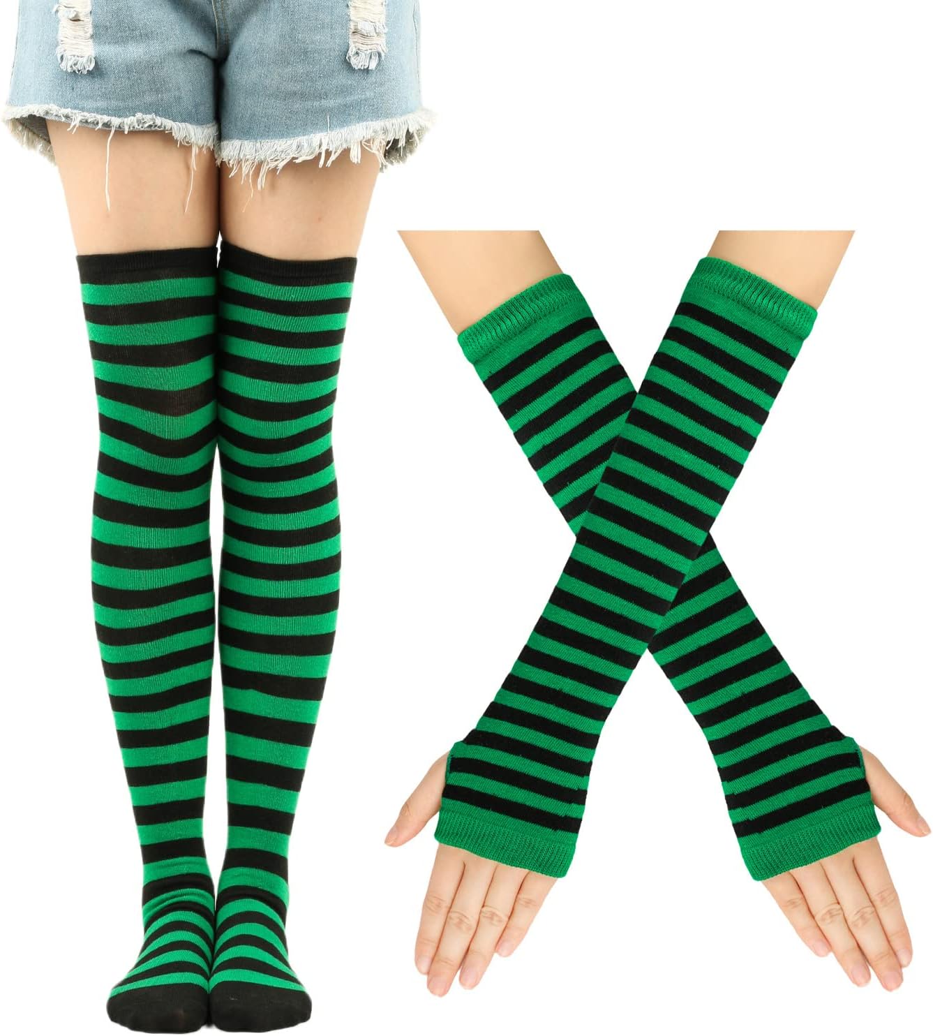 Colorful House Striped Arm Warmer Fingerless Thumb Hole Mittens Gloves Knee High Socks Sets