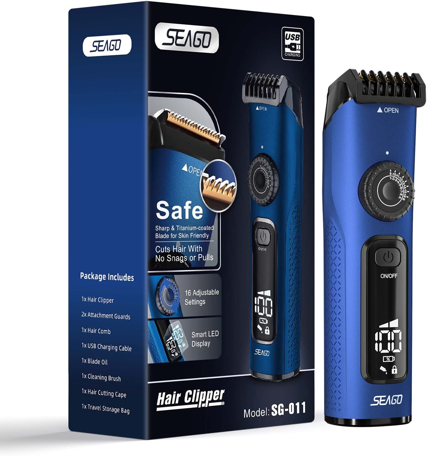 SEAGOCordless Hair Clippers for Men, Rechargeable Electric Trimmer for Men with 16 Adjustable Settings, Professional Clippers for Hair Cutting Kit, SG-011