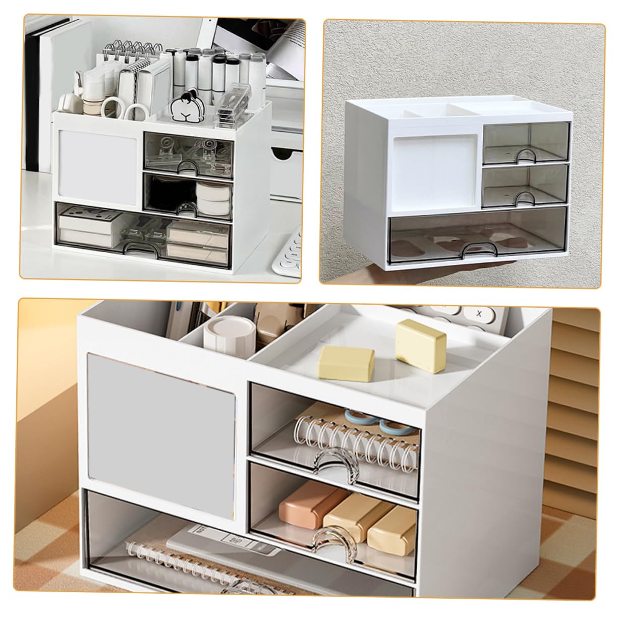 Angoily Organizador de Escritorio Cajones de Hips Blanco para Clasificar | Estructura de Varios Cajones, Caja Apilable para Oficina y Estudio, Útil para Papelería y Cuadernos