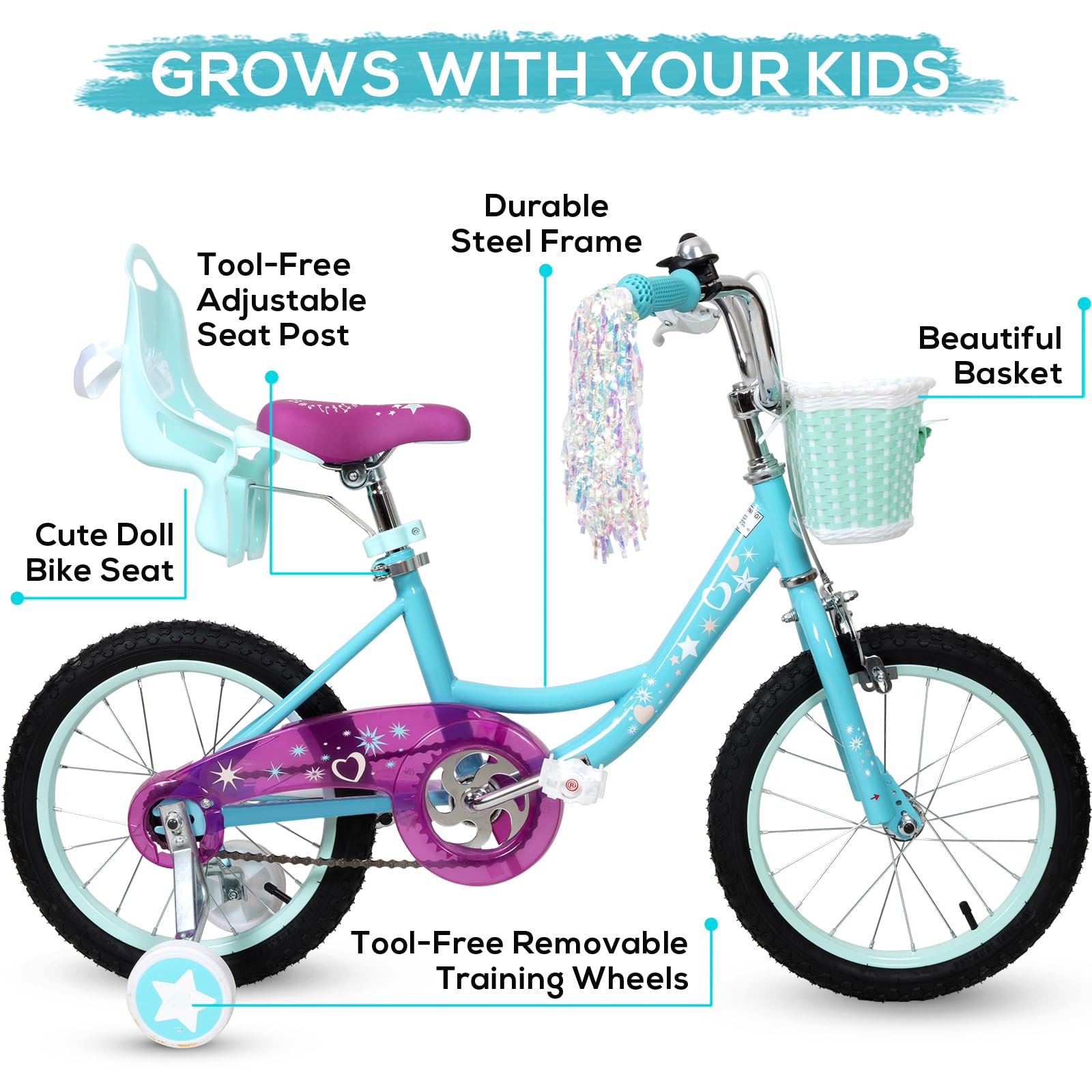 WEIZE Girls Bike for 3-12 Years Old Kids, 14 16 20 Inch Kids Bike with Training Wheels, Streamers, Basket and Doll Seat, Children Bicycles with Coaster Brake, Multiple Colors