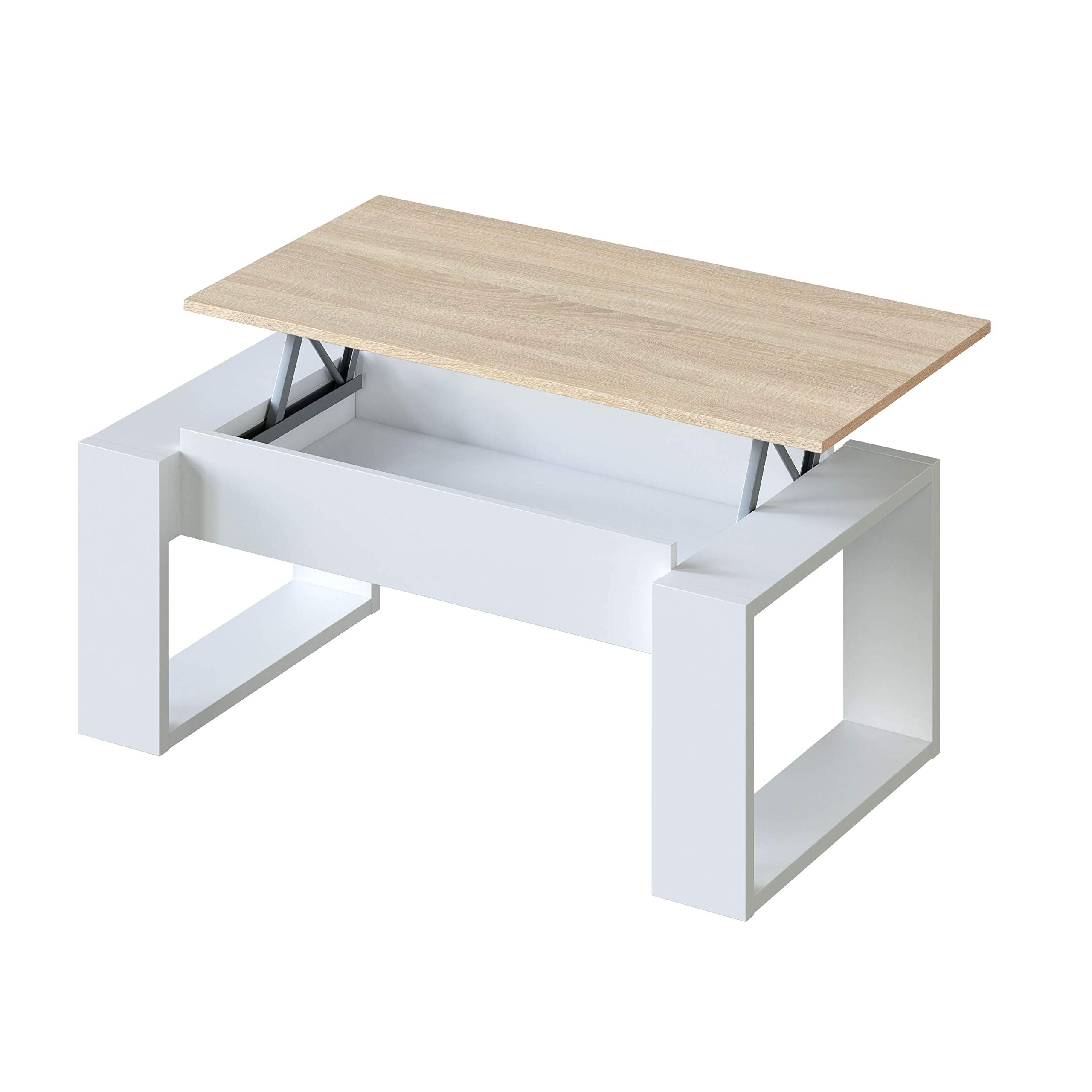 Habitdesign Mesa de Centro elevable, Mesita para Salon, Mesa Auxiliar, Modelo Nova, Acabado en Color Blanco Artik y Roble Canadian, Medidas: 105 cm (Largo) x 55 cm (Ancho) x 45-​54 cm (Fondo)