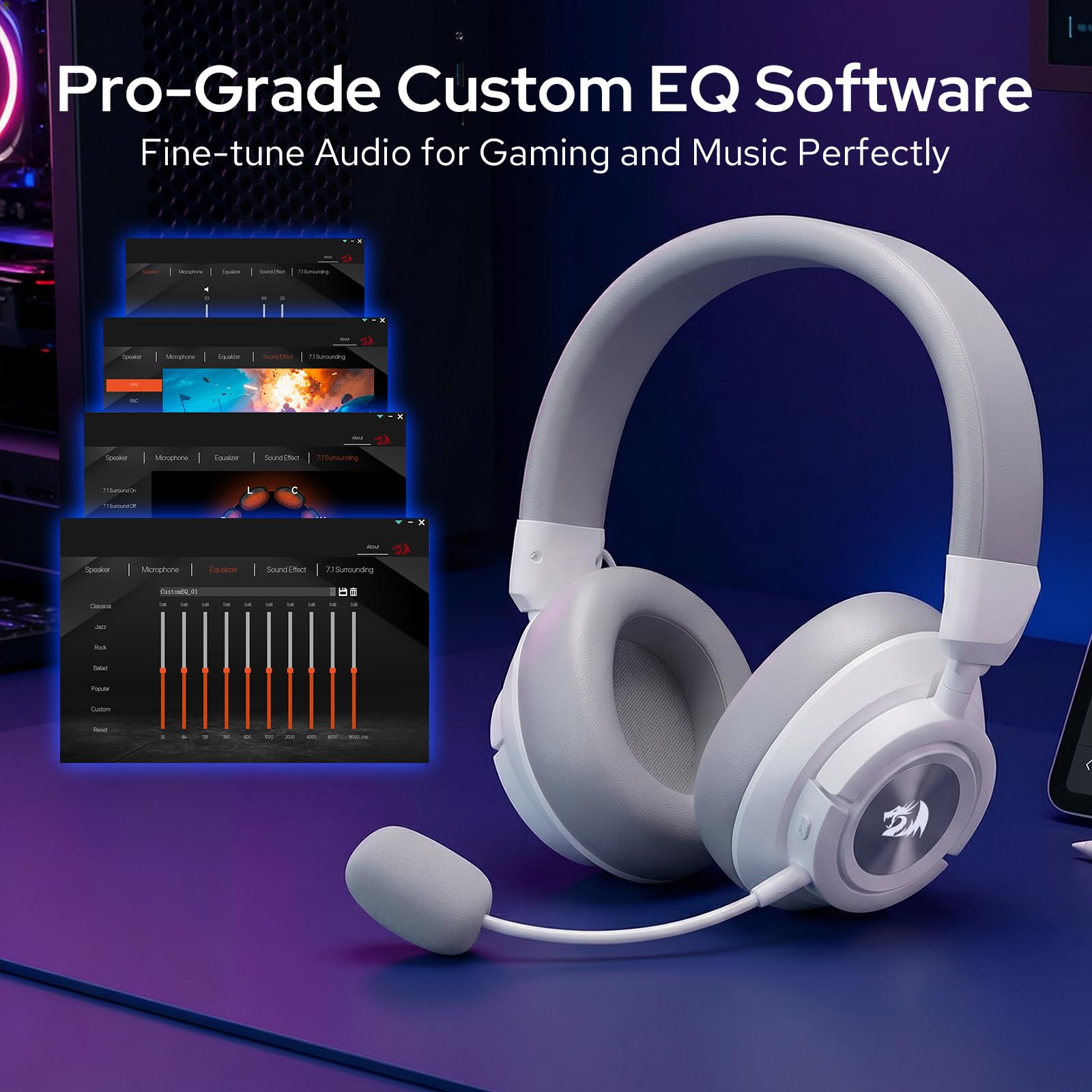 Redragon H889 Auriculares Gaming Inalámbricos 4 en 1 Audio 7.1 53mm | 2.4G BT USB 3.5mm Batería 51h Uso Mientras Carga Micrófono Desmontable PC PS5 NS Móvil