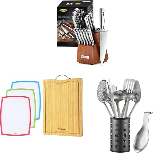 MC29 - Juego de 15 piezas de bloque de cuchillos de acero inoxidable alemán con afilador integrado + tablas de cortar de bambú MCW11 (pequeño, 15.4
