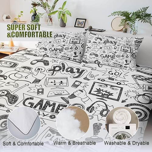 Miniatura 5 de Vichonne Juego de edredón de videojuegos para niños y adolescentes, tamaño Full, juego de ropa de cama de videojuegos para niños, estilo boceto,