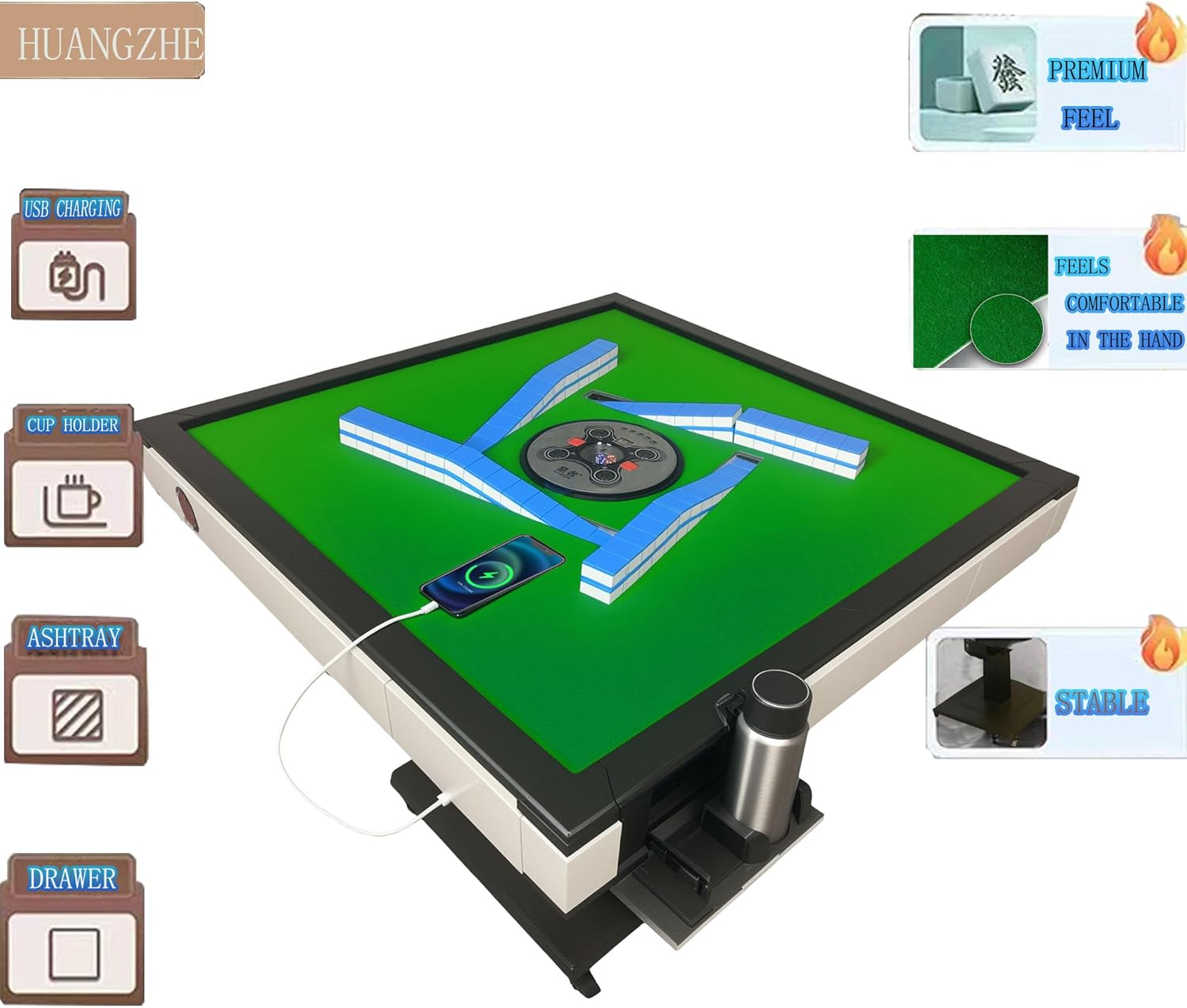 Foldable Automatic Mahjong Table with Wheels 42mm Tiles with 2 Sets of Numbered Tiles (Blue & Green) Suitable for Chinese, Americans, Mahjong Sets for Home & Outdoor Leisure, Gifts For Mahjong Players