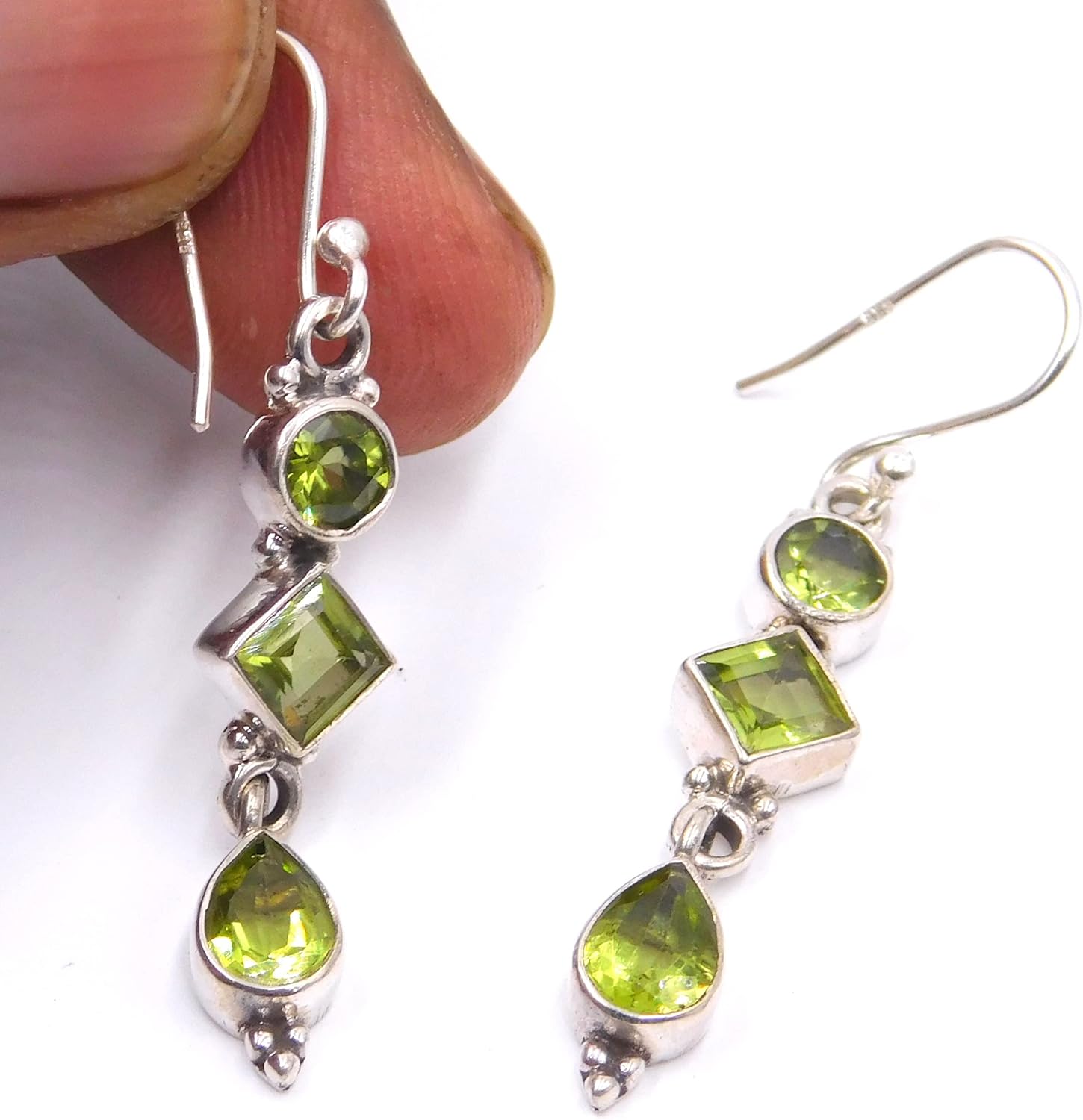 Natural Peridot Gemstone 925 Sterling Silver Handmade Dangle Drop Earring For Women, Green, 1.75 inch (SG-41)