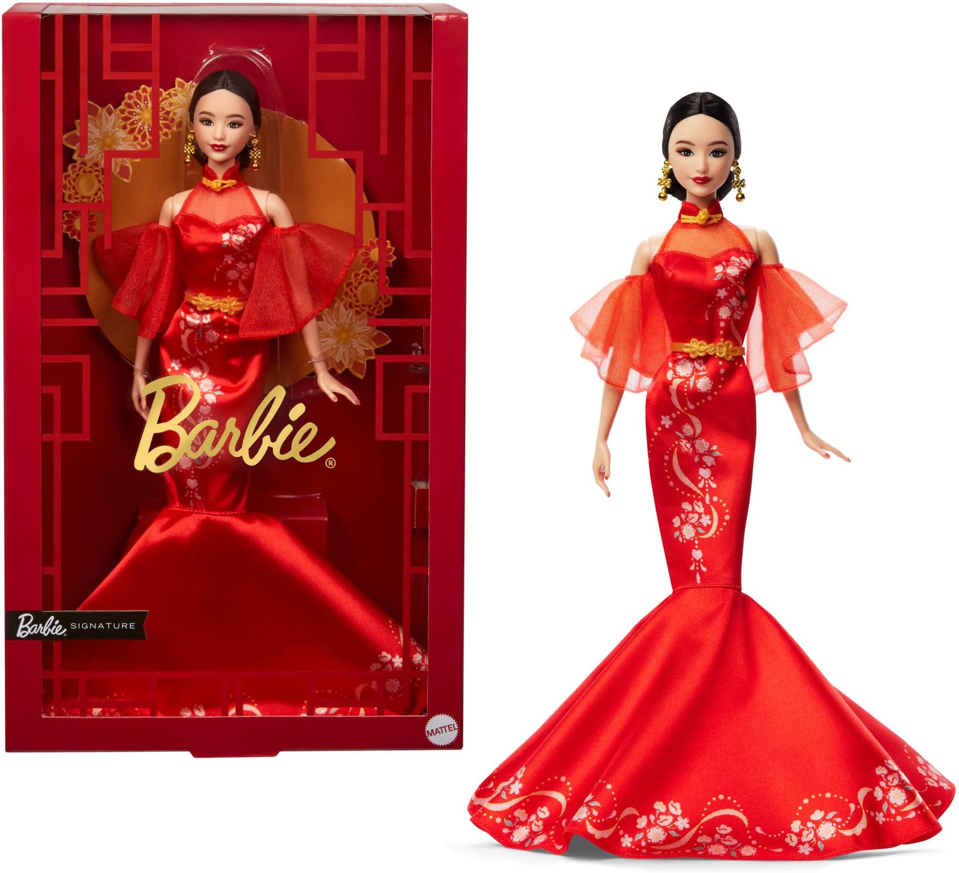Mattel Barbie Lunar New Year Doll Wearing Qipao Dress with Plum Blossom Prints & Golden Accessories, Barbie Signature Collection, JBJ11