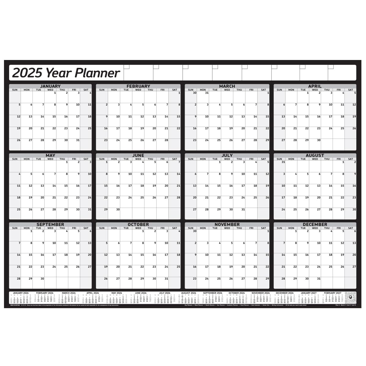 2025 Yearly Wall Planner Calendar, 12 Months, January - December, Unmounted Unlaminated (2025 Black Medium Folded)