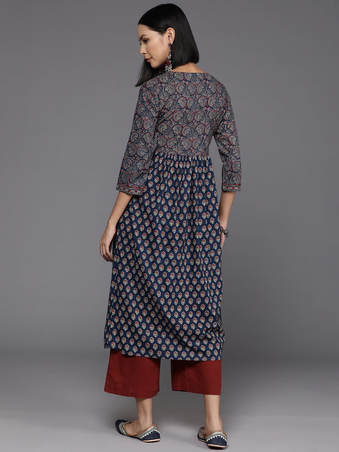 Varanga Womens Blue & Maroon Bandez Printed Anarkali Kurta  Elegant Long Sleeve Traditional Dress, Indian Ethnic Wear For Women, Casual & Festive Attire (Large)