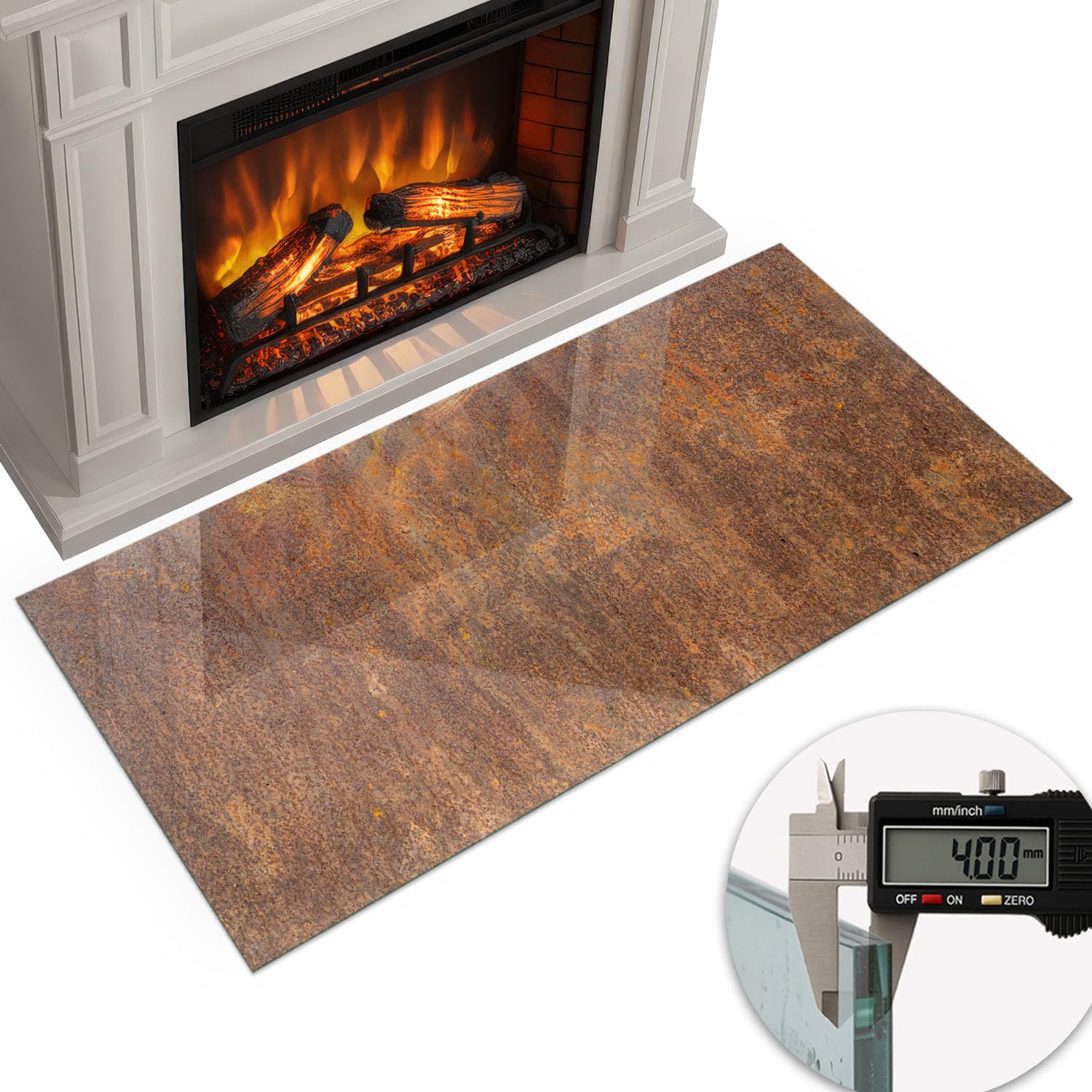 Funkenschutz Glasplatte 120x60 cm Gehärtetem Glas Funken- und Kratzfest Kaminglas Funkenschutzplatte Kaminplatte für Kamin Rechteckig Bodenplatte Ofenglas - Roststruktur auf Metall