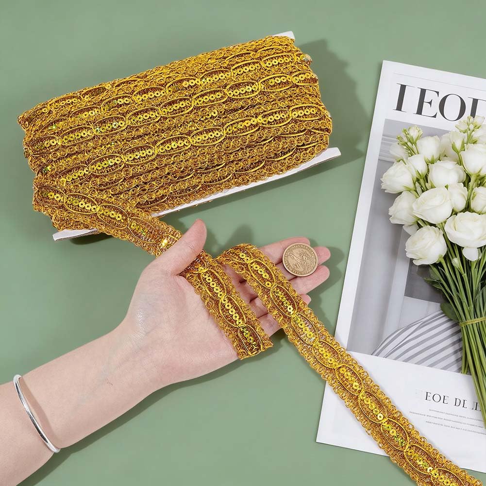 OLYCRAFT 15 Yard Sequin Metallic Braid Trim 1.2 Inch Wide Gold Sequin Ribbon Trim Flat Sequins Strip Trims Flat Bling Paillette Trimming for Handmade Crafts Supplies Sewing Cloth Party Decoration