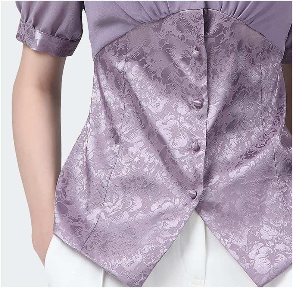 Chiffon Splicing Satin Women' Shirt V-Neck Summer Top Slimming Cinched Waist Casual Blouse