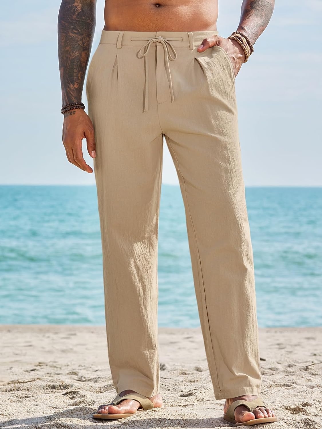 Runcati Mens Casual Pants Elastic Waist Drawstring Lightweight Pants Cotton Linen Summer Beach Yoga Trousers - Image 2