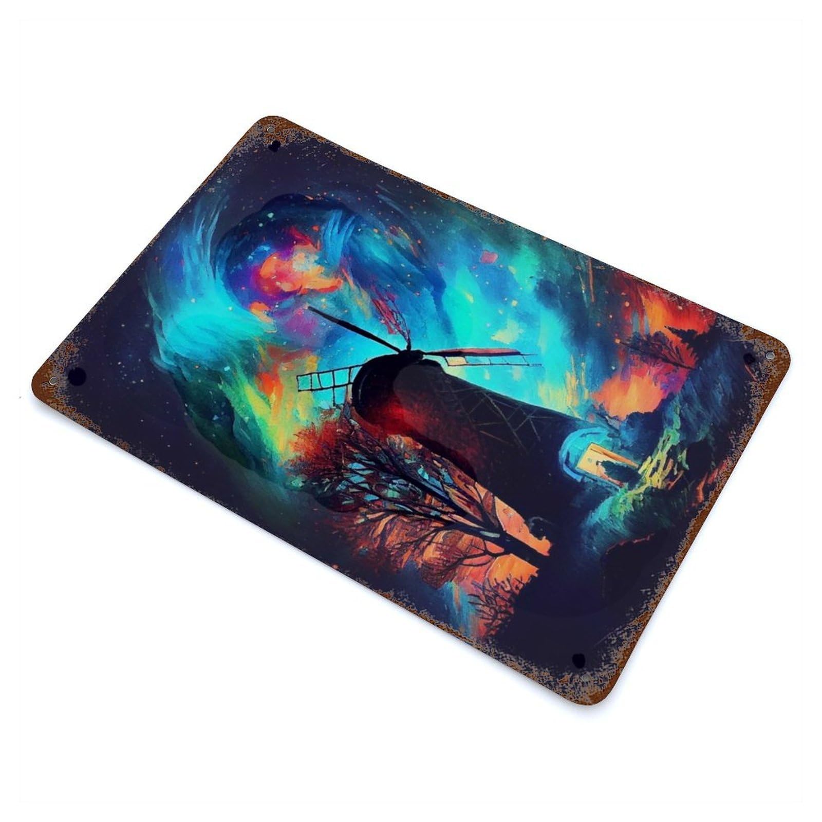 Distressed Metal Wall Sign Neon Night with Windmill 11.8"x7.9", Retro Wall Decor for Basement, Hobby Room And Garage Decor