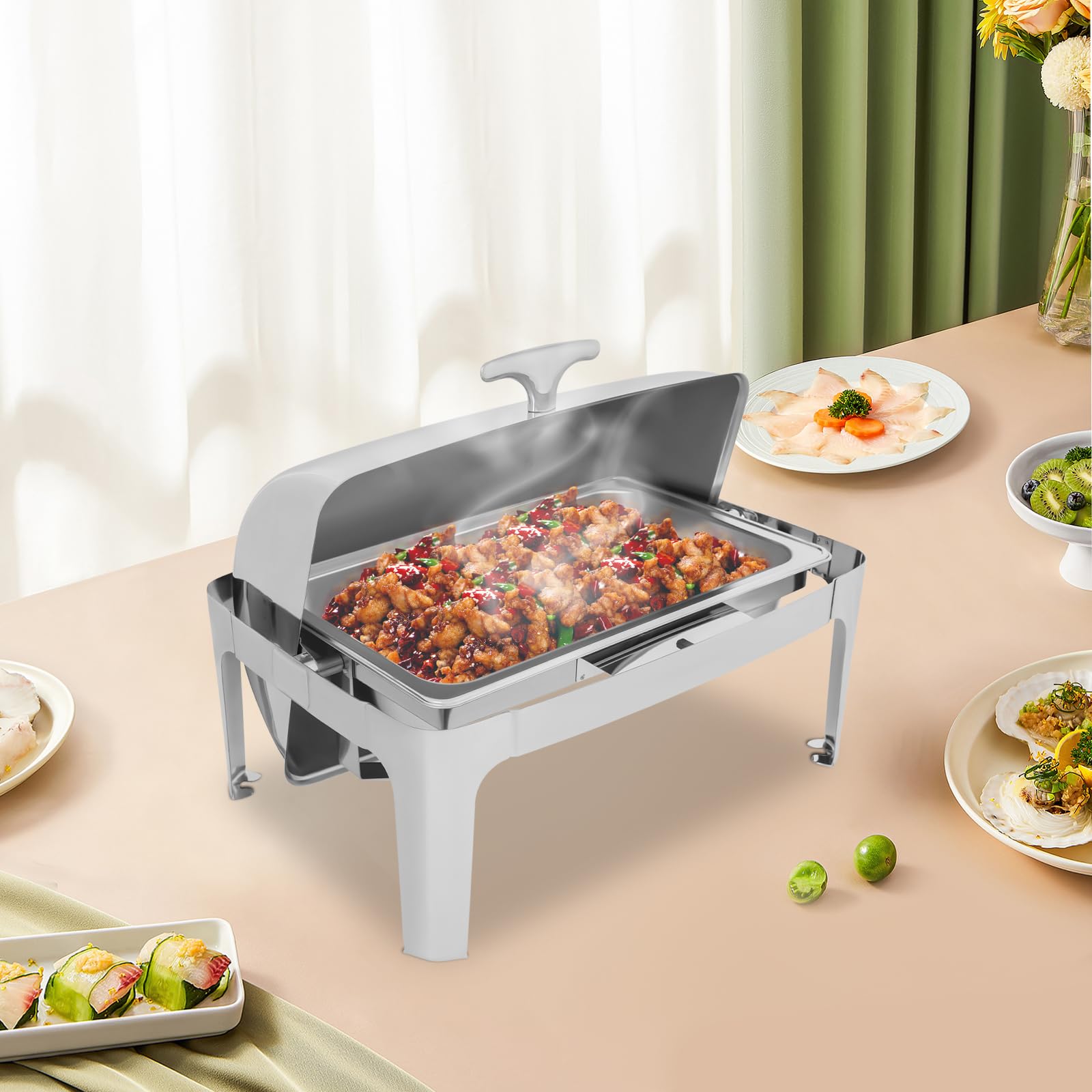 Chafing Dish - Set da buffet in acciaio inox, 9 l, 1 contenitore caldo da 1/2 GN, pasta combustibile per contenitori, catering, buffet, feste