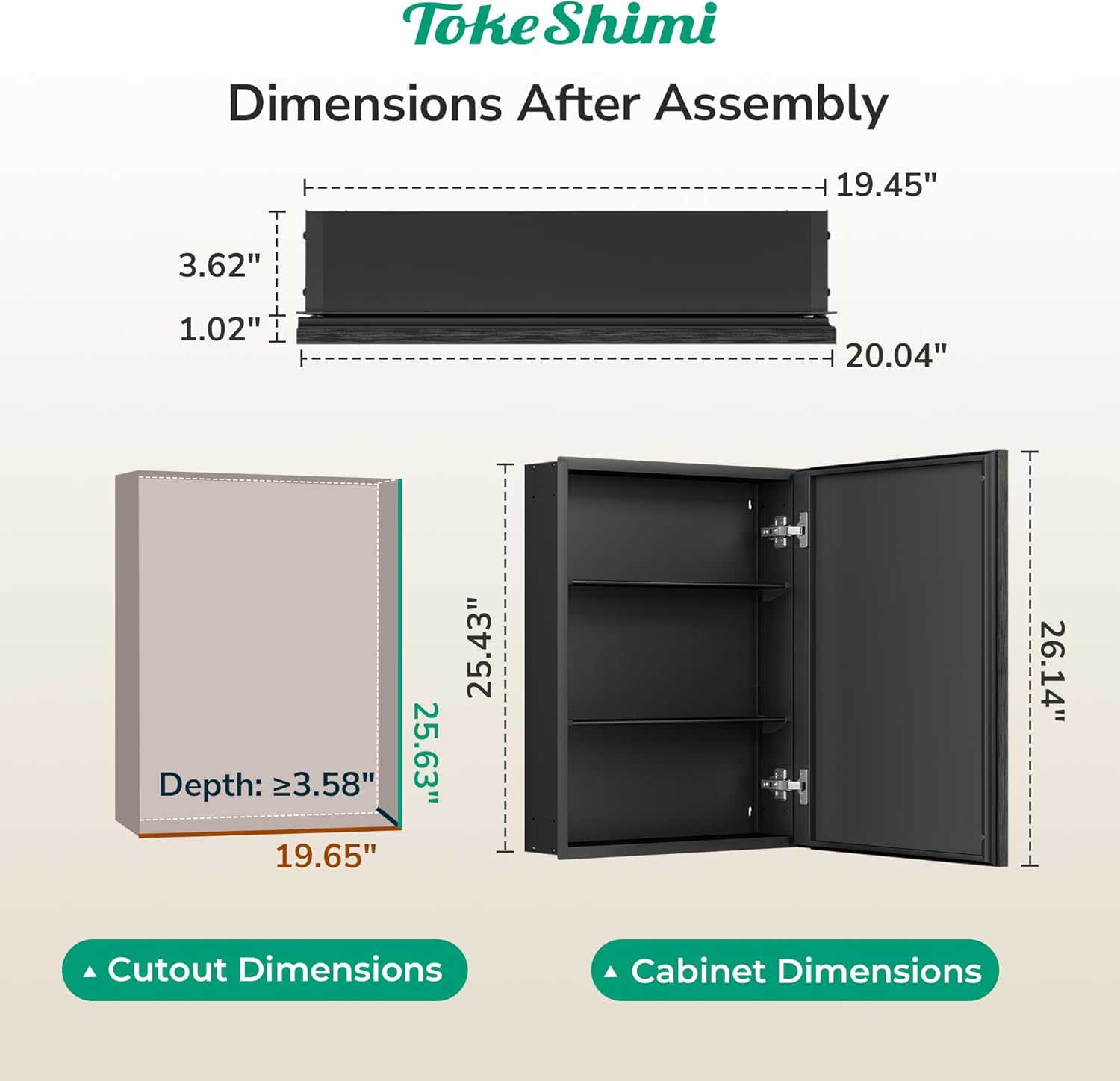 TokeShimi 20 x 26 Mirror Medicine Cabinet for Bathroom, Assembly Required, Black Recessed Medicine Cabinet with Mirror, Steplessly Adjustable Shelves, Beveled Aluminum Frame, Tempered Glass Black 20x26 IN