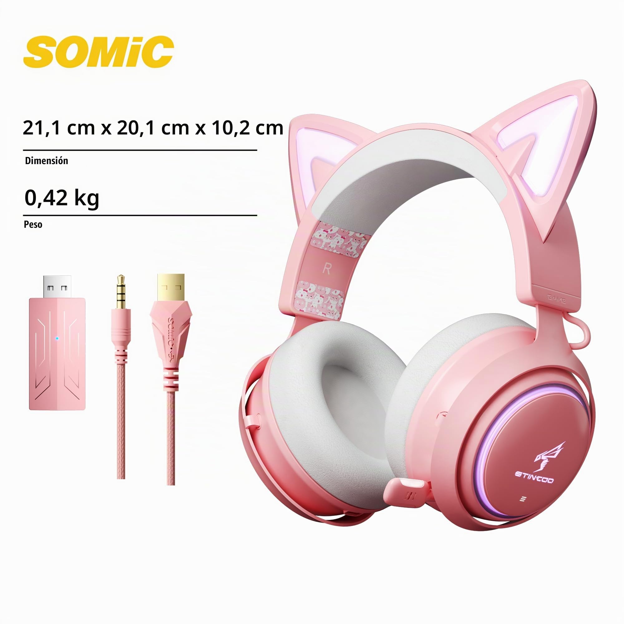 SOMIC Auriculares con Orejas de Gato, Auriculares inalámbricos para Juegos de 2,4 GHz para PS4, PS5, PC, Auriculares Bluetooth para teléfonos Inteligentes, iluminación RGB, micrófono retráctil
