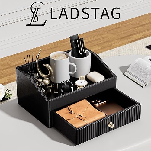 Miniatura 2 de Accesorios de escritorio, organizadores de escritorio de cuero vegano negro con 1 dibujo y bandeja, soporte de control remoto con perilla de