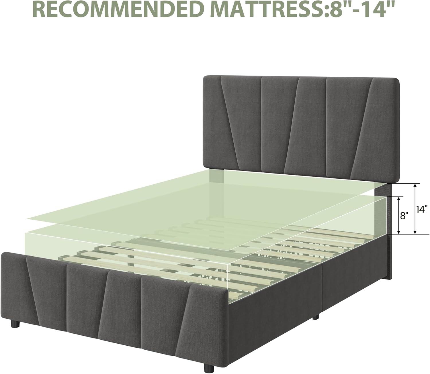 GarveeHome Twin Size Bed Frame with Adjustable Headboard and 2 Storage Drawers, Soft Upholstered Platform Bed Frames with Wooden Slats Support, No Box Spring Needed, Dark Grey