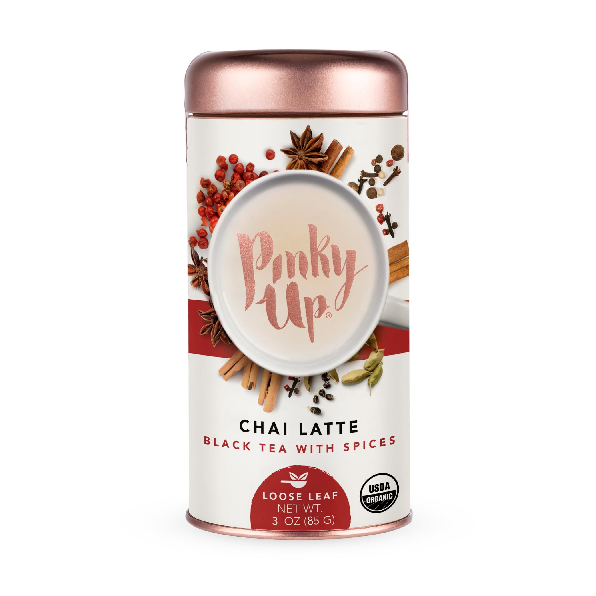 Pinky Up Organic Chai Latte Tea - Whole Leaf Organic Black Tea, 40-60mg Caffeine Per Serving, Naturally Calorie Free & Gluten Free Flavored Tea, 3 Oz