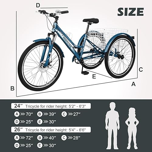 Vista 119 de H&ZT Triciclo para adultos, bicicleta de 3 ruedas, triciclo crucero, con engranaje de 7 velocidades, mango de freno de estacionamiento, escalón